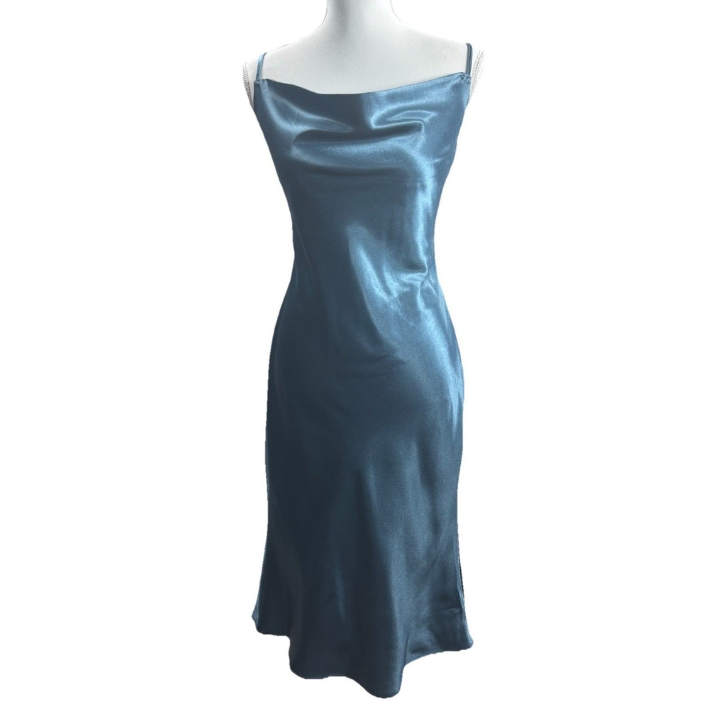 Birdie Grey Dress Large French Blue Satin Midi Cowl Neck Formal Bridesmaid Prom